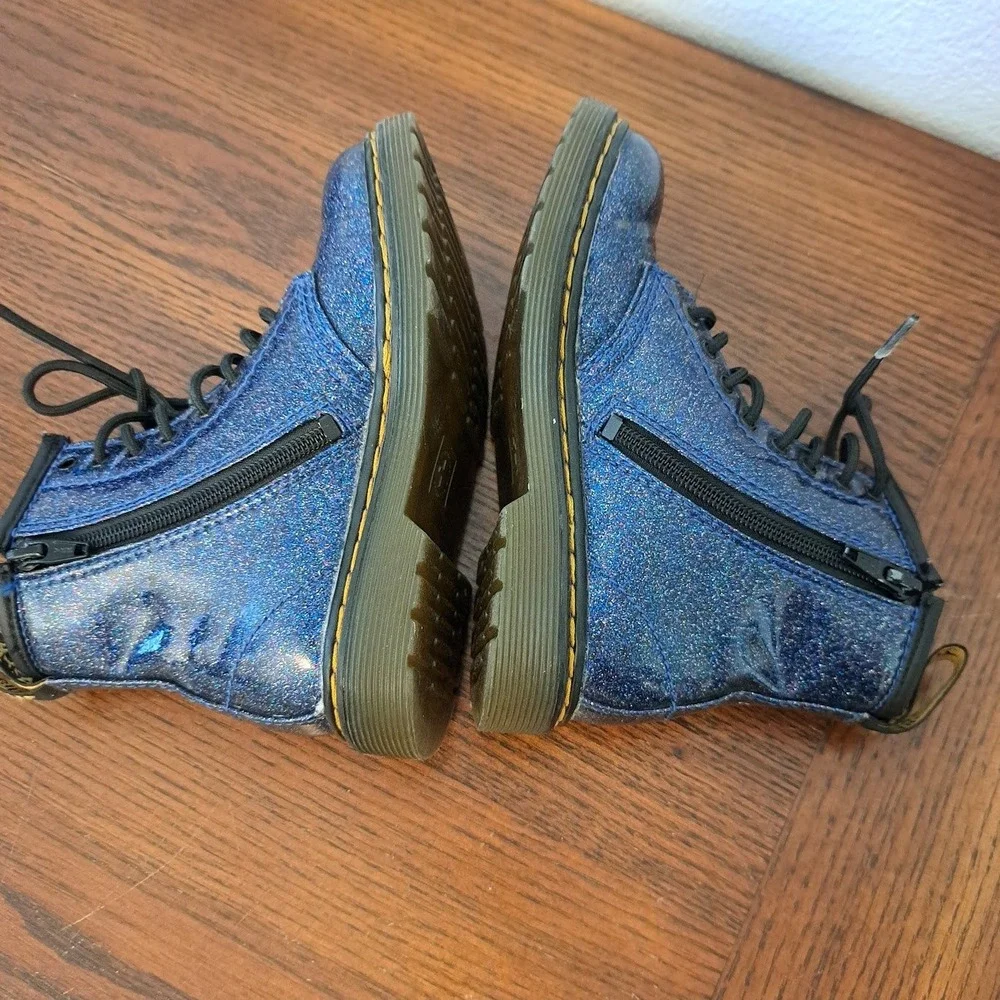 Dr. Martens Delaney Blue Glitter Lace Up Side Zip Ankle Boots Kids 8 UK 9 US